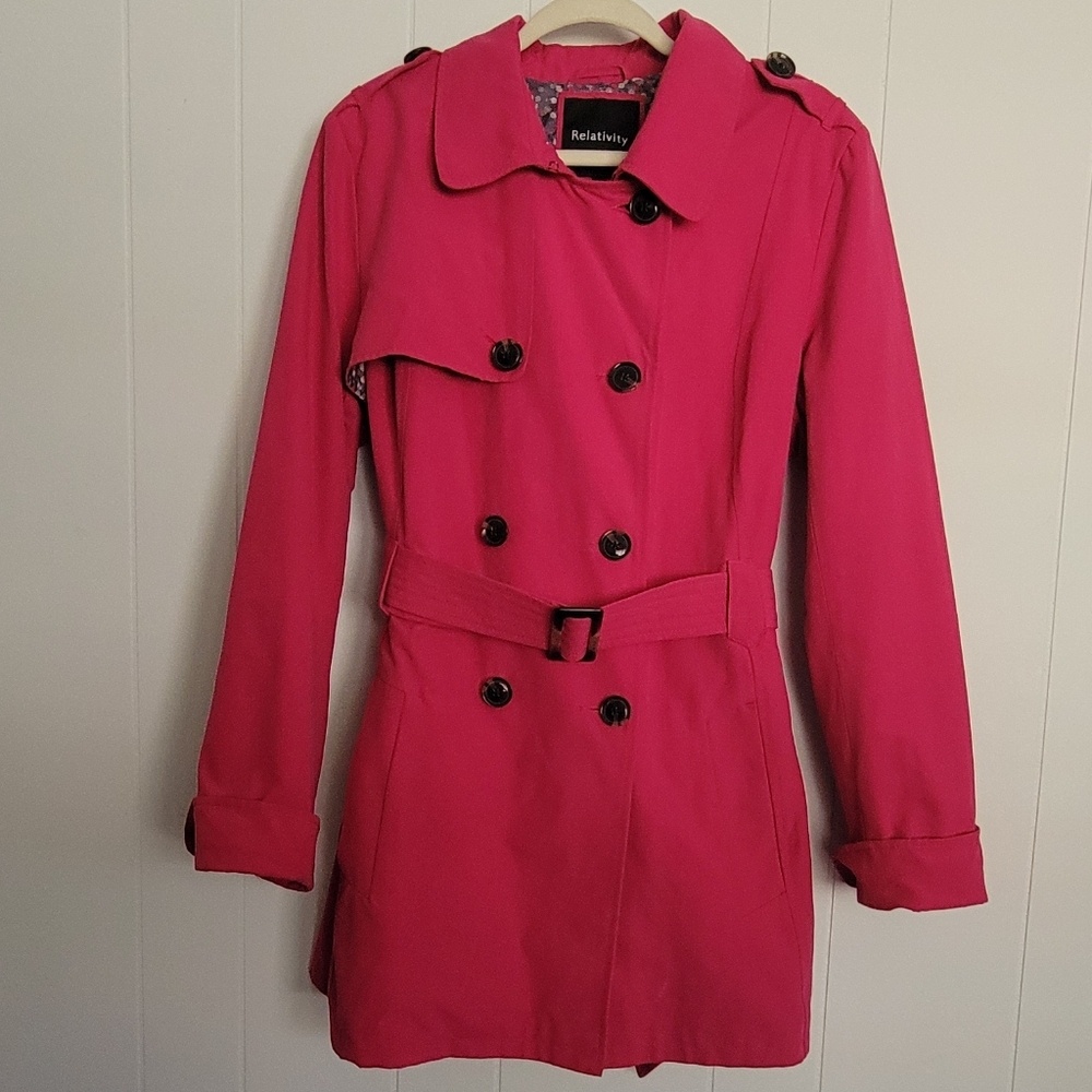 Relativity Hot Pink Double-Breasted Trench Jacket Coat with Belt and pockets. XL